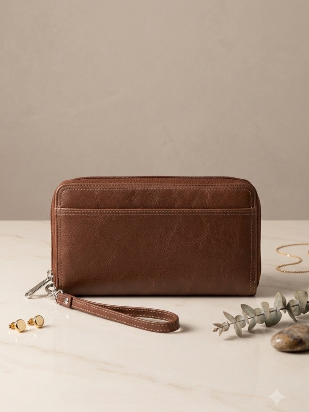 Buxom Brown Leather Wristlet Wallet